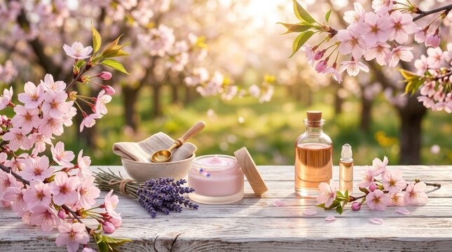 Pink cherry blossom flowers surrounding a glass jar of facial cream and a bottle of essential oil on a weathered white wooden table in a sunlit garden setting with lavender sprigs