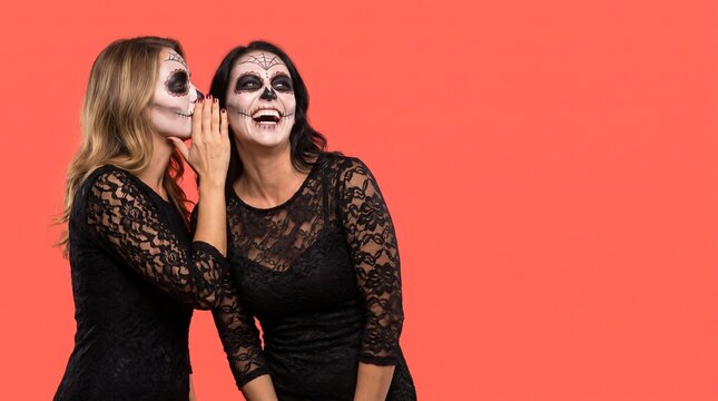 Two women with sugar skull face paint whispering and laughing together against a vibrant orange background for the Mexican Day of the Dead celebration.