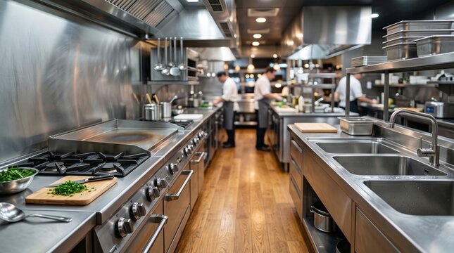 Stainless steel kitchen cooking station with chefs preparing food at workstations and a triple basin sink in the foreground