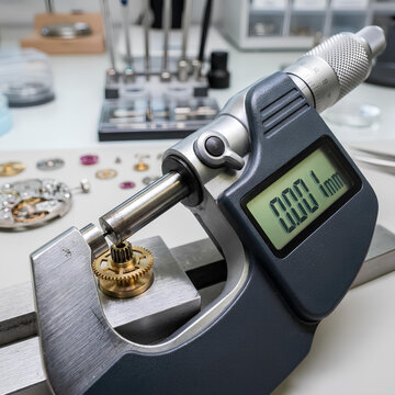 Watchmaker Measuring Precision Gear with Digital Micrometer in Workshop
