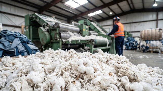 Worker operating industrial machinery for processing and recycling white cotton textile waste in a large warehouse facility with piles of fabric scraps