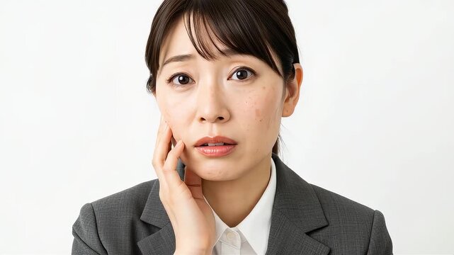 頬のシミや肌トラブルを気にしながら浮かない表情をするスーツ女性