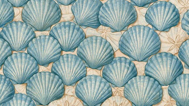 Seamless pattern of blue scallop shells on a beige background. the shells are arranged in a repeating pattern, with each shell having a scalloped edge and a pointed tip.