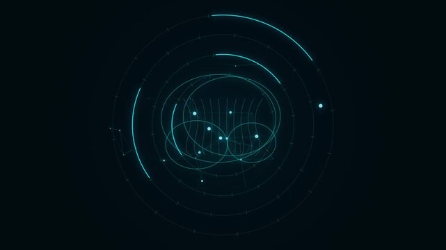 Set of eight circular digital HUD interface elements with glowing blue neon lines on black background
