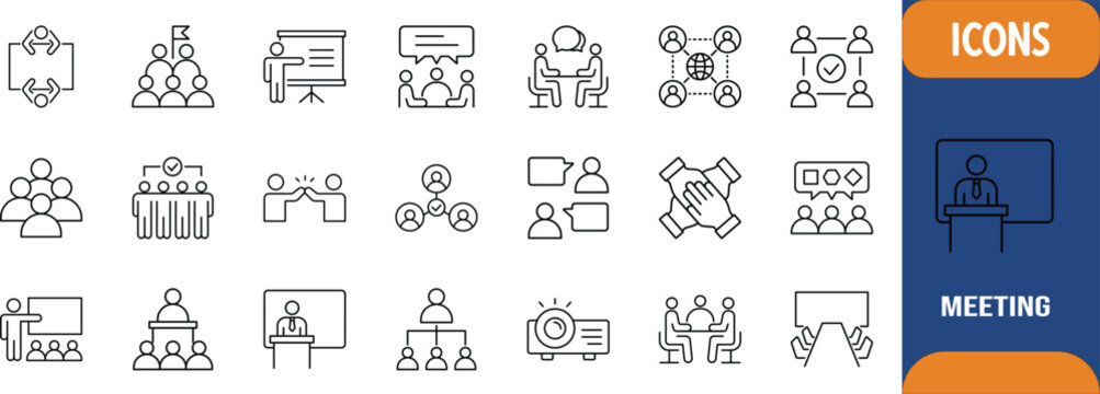 Business meeting collaboration team icons. presenter icon set, whiteboard icon set, audience icon set