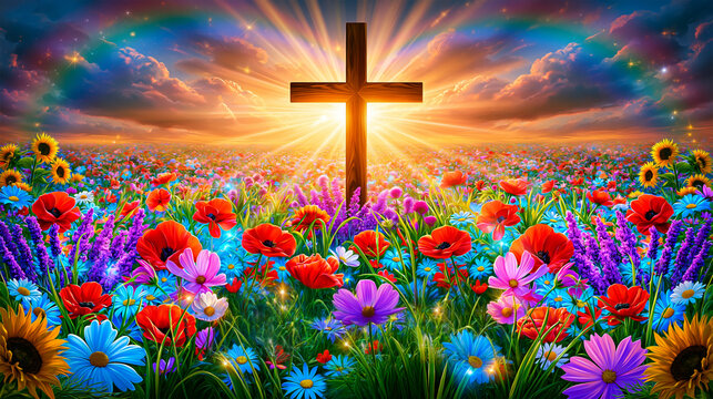 Christian cross glowing in heavenly sunlight above a vibrant field of colorful flowers with rainbow and dramatic clouds, symbolizing faith, hope and resurrection