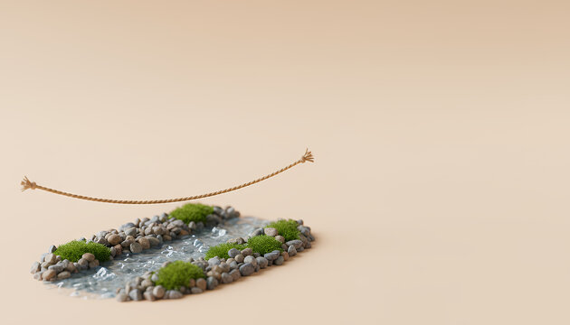 石と苔の小川に浮かぶ一本のロープ
