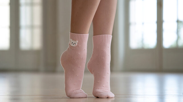 Woman wearing cute pink socks with small cat detail standing on tiptoes at home, cozy feminine fashion and comfortable lifestyle concept