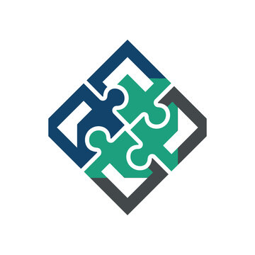 A geometric logo design featuring four interlocking puzzle pieces forming a diamond shape.