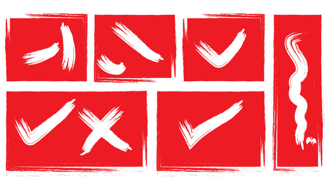 Red brush stroke check marks and crosses within rectangular frames provide vibrant graphic feedback markers for designs