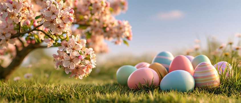 Colorful decorated Easter eggs in fresh green grass beneath blooming spring branches, cheerful Easter holiday background with copy space