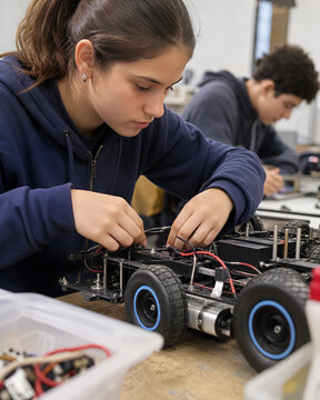 Student working on an open robot during a technology lesson
