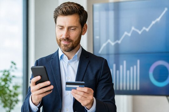 Professional businessman using smartphone and credit card for online payment. Corporate executive making digital transaction in modern office with stock market data.
