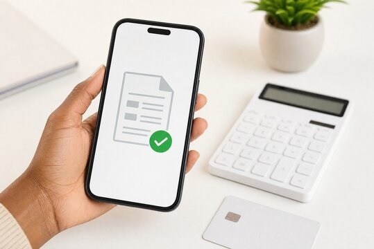 Modern smartphone displaying digital invoice with green checkmark, mobile payment app on phone screen, financial accounting on desk