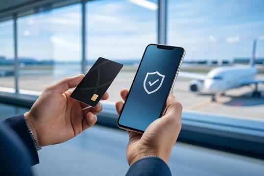 Secure mobile payment at airport terminal, hands holding smartphone and credit card, digital banking and travel security concept