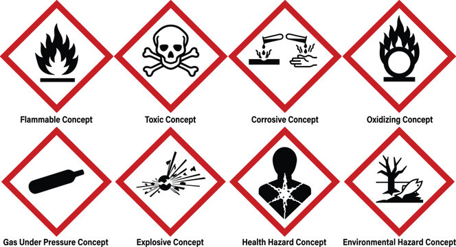 Globally harmonized system GHS chemical hazard warning sign set featuring flammable toxic corrosive oxidizing gas pressure explosive health and environmental hazard symbols