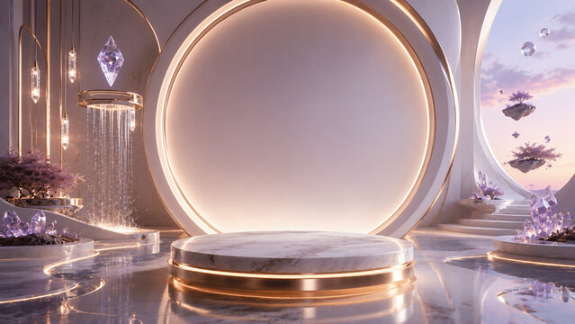 Futuristic white marble podium with illuminated circular frame, purple crystals, and waterfall for product display