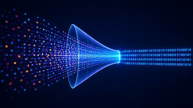 Digital data funnel processing scattered information into structured binary code stream for big data analysis and network computing concept.