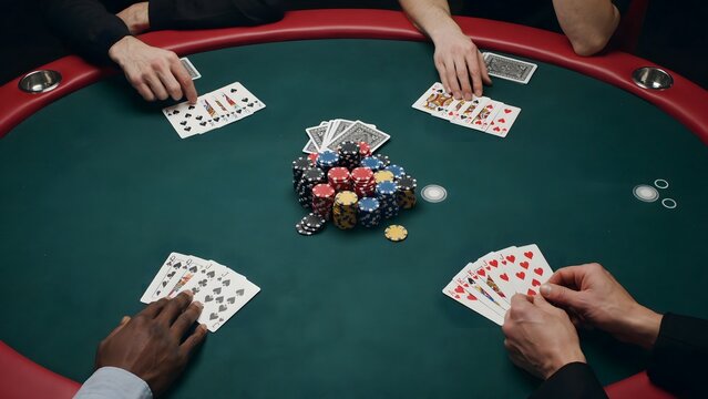 Players Engaged in Card Game at Poker Table with Chips and Cards in Card Room