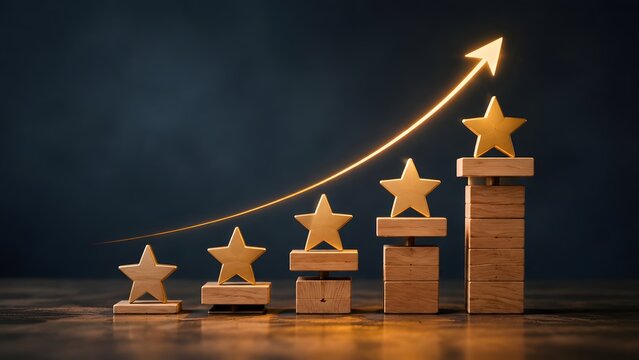 Five golden stars on rising wooden steps with glowing upward arrow representing business growth, top rating, and success.