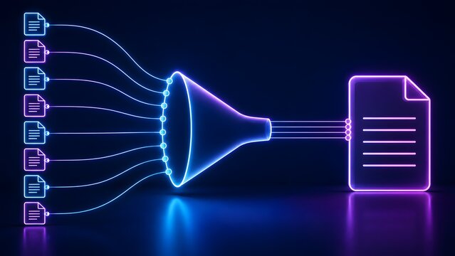Digital data funnel merging multiple glowing document icons into a single organized file representing information processing and consolidation.