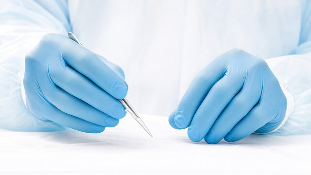 Scientist hands holding scalpel on white background; surgeon preparing instruments for operation; medical doctor doing examination tool; laboratory assistant in blue gloves working with surgery