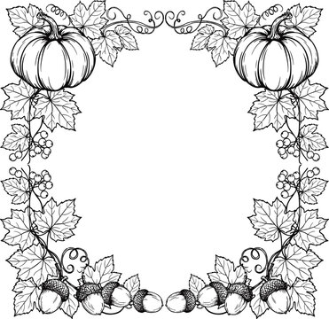 hand drawn square autumn harvest frame vector with linear pumpkins acorns and decorative seasonal foliage borders