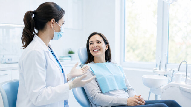 Female dentist consulting with patient in clinic, female doctor explaining treatment plan to client, medical professional in white coat, dental office interior
