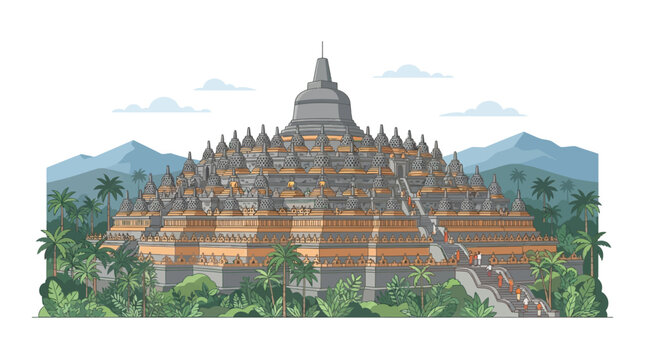 Vector Illustration of the Majestic Ancient Borobudur Buddhist Temple Complex Surrounded by Lush Tropical Jungle Foliage and Distant Mountains