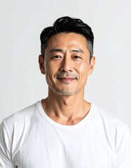 Fototapeta premium 白背景で撮影された40代アジア人男性のポートレート｜自然光・上半身・ミニマル