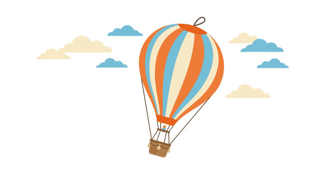Vibrant striped hot air balloon floating through sky vector illustration with soft clouds designed for creative projects and digital art