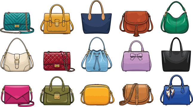 Collection of various colorful women handbags and purses in a flat vector illustration style