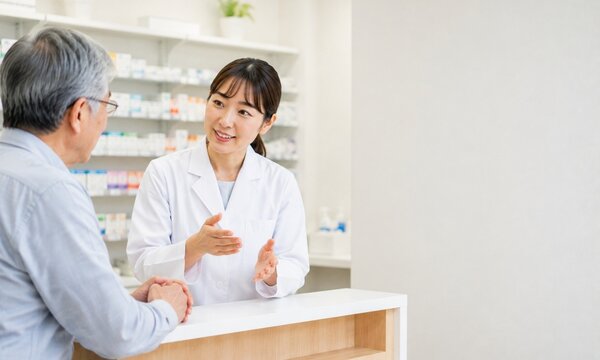 調剤薬局の窓口で高齢男性に薬の説明と服薬指導をする女性薬剤師