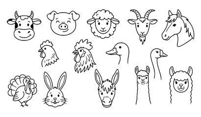 Naklejka premium Friendly farm animal head line icons with cow pig sheep goat chicken and horse