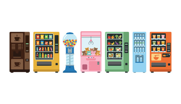 Automatic vending machines vector illustration collection set featuring coffee snacks gumball claw crane machine healthy food water bottle and noodles