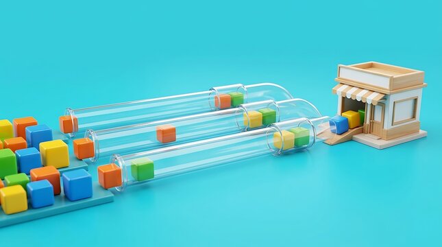 Multiple clear tubes carry small, colored blocks into a small, cartoon-like storefront on a blue background, depicting a flow of elements into a business.