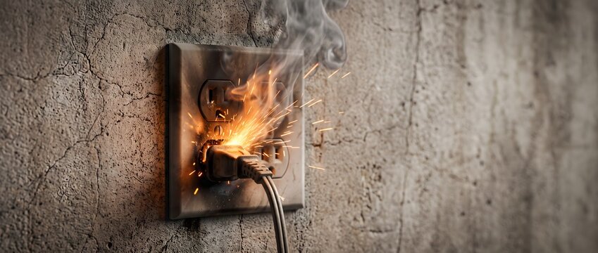 Electrical short circuit with sparks and smoke from a wall power outlet