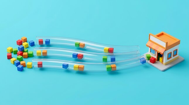Colorful cubes are transported through clear tubes towards a miniature shop on a vibrant turquoise background, illustrating a process of delivery or supply chain management.