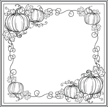 hand drawn square autumn harvest frame vector with linear pumpkins vines and decorative seasonal holiday borders