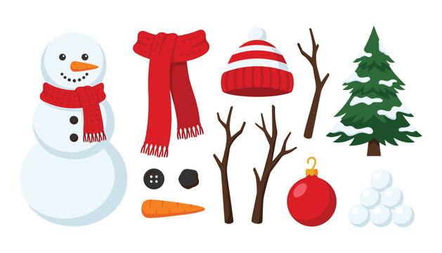 Build a snowman vector icon kit featuring cute winter characters, red scarfs, knitted hats, snowballs, pine trees, and decorative Christmas holiday elements