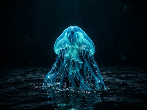 Bioluminescent Jellyfish Monster Emerging from Dark Ocean