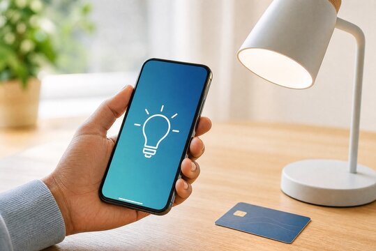 Innovation and creativity concept with smartphone displaying lightbulb icon. Digital idea generation, financial planning inspiration. Human hand holding mobile phone with credit card on desk.