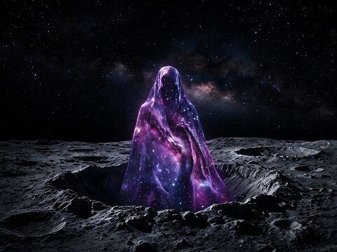 Mystical Galaxy Cloaked Figure in Lunar Moon Crater
