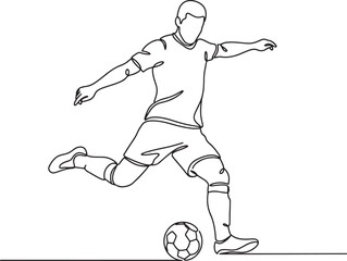 Fototapeta premium Continuous line of a male soccer player kicking a ball in motion also transparent background, football player