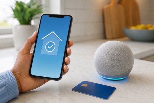 Smart home digital lock interface, modern smartphone app with security check, wireless authentication, credit card on kitchen counter