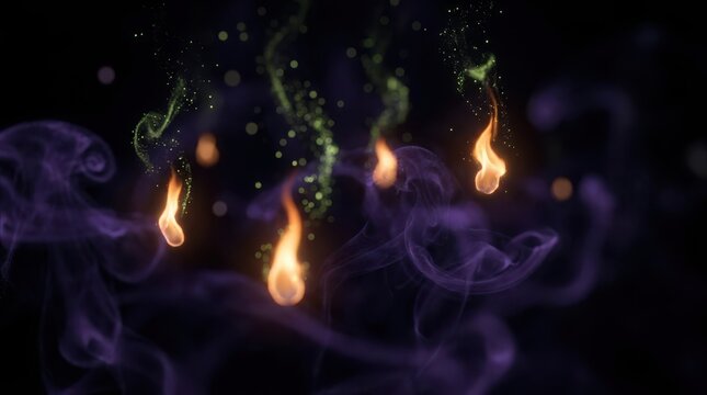 Floating small flames with swirling purple smoke and glowing green particle trails, dark background