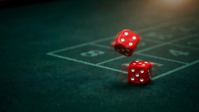 Close-up of red gaming dice falling onto green casino table with numbered betting areas