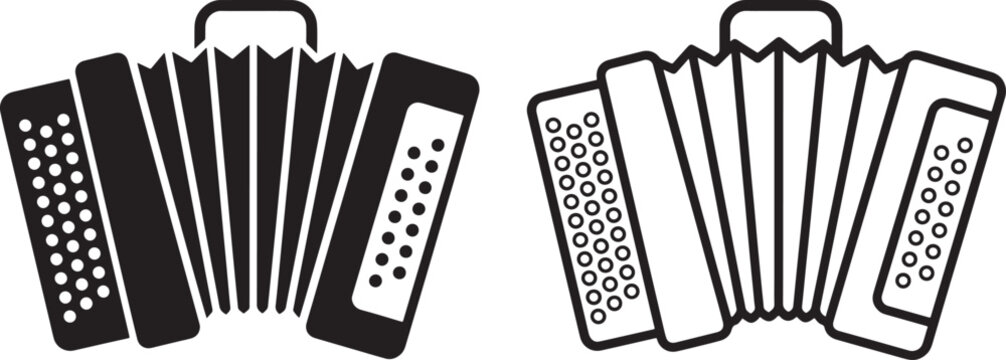Two accordion icons, solid black silhouette and outline style musical instrument also transparent background