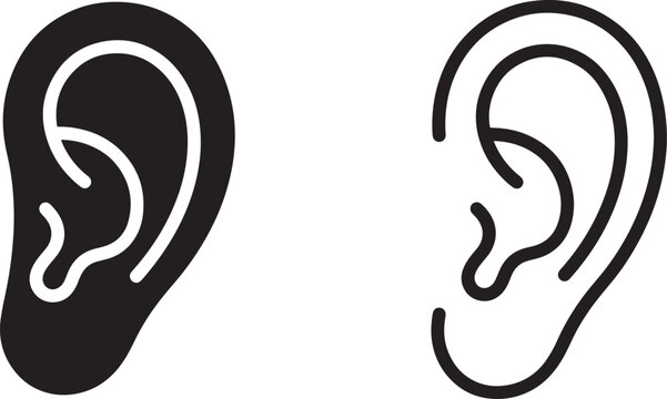 Two black human ear icons, one filled silhouette and one outlined line also transparent background, ear silhouette