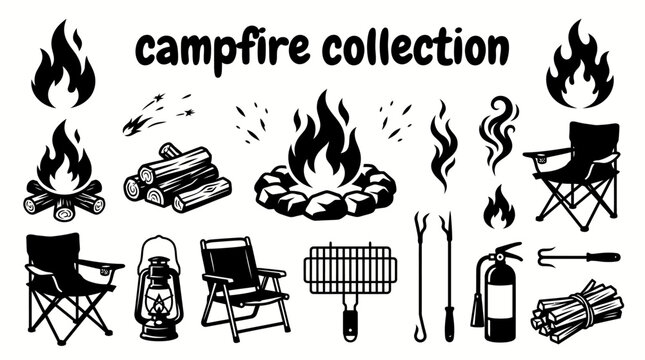 campfire elements featuring burning flames firewood logs stones sparks smoke camping chairs lanterns and outdoor fire set for camping adventures outdoor recreation wilderness travel nature activities